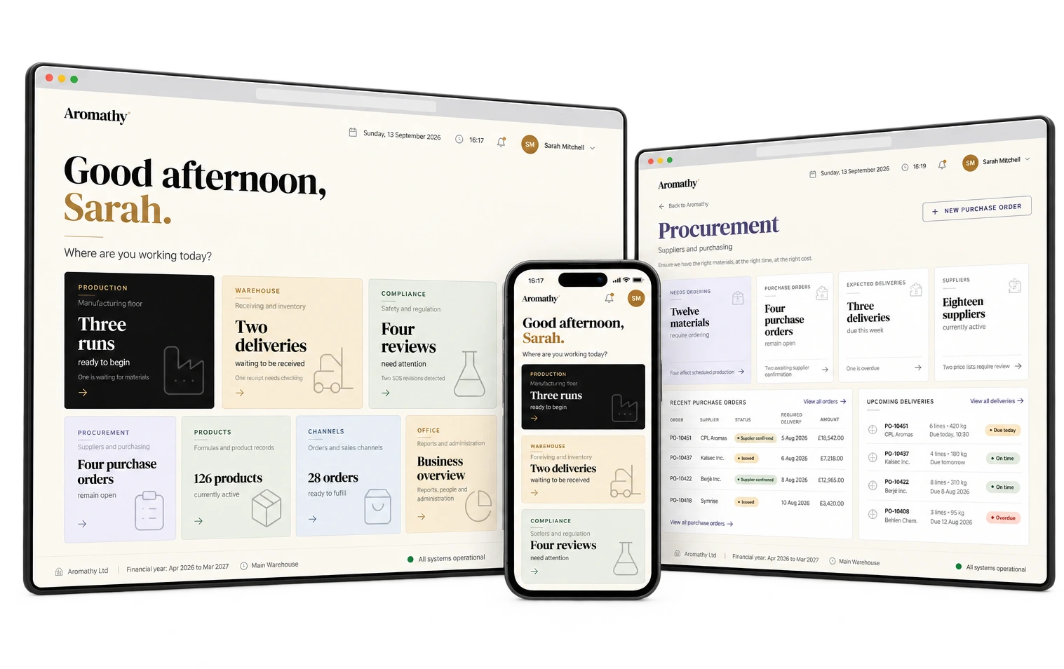 The Aromathy home dashboard and procurement workspace on two screens and a phone