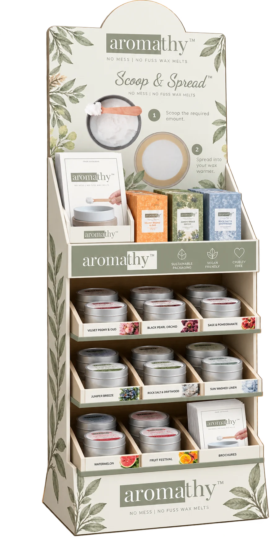 The Aromathy retail display stand, stocked with wax melt tins, brochures and labelled shelves