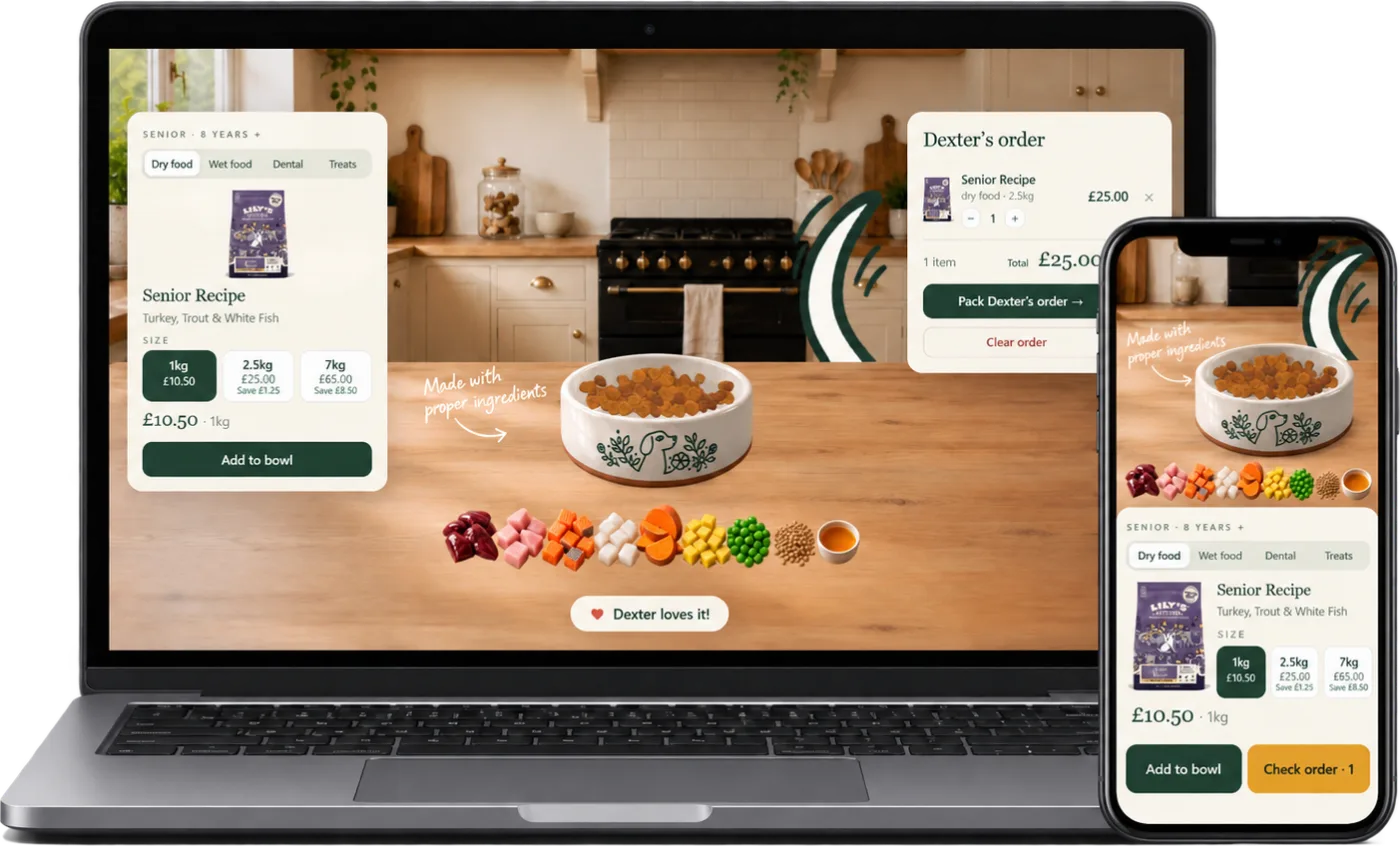 The Lily’s Kitchen ordering flow on a laptop and a phone, with the bowl filling on the worktop