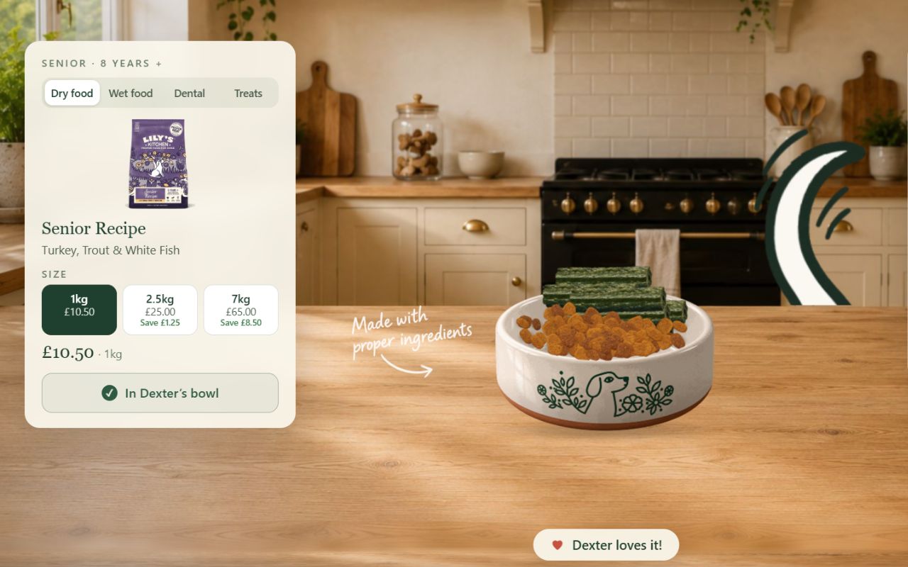 The concept running: a recipe card beside a ceramic bowl filled with kibble and dental chews on a kitchen counter.
