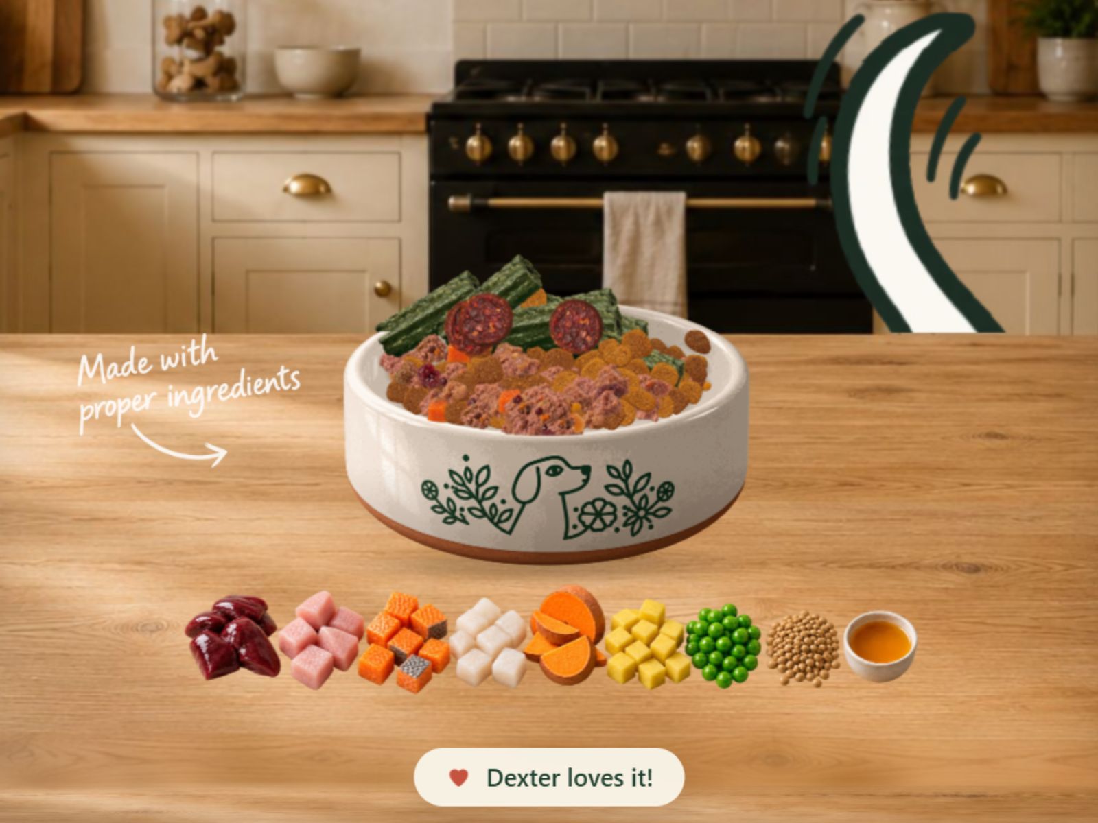 A ceramic bowl on a kitchen counter, filled with kibble, wet food and dental chews, with the row of raw ingredients laid out in front of it.