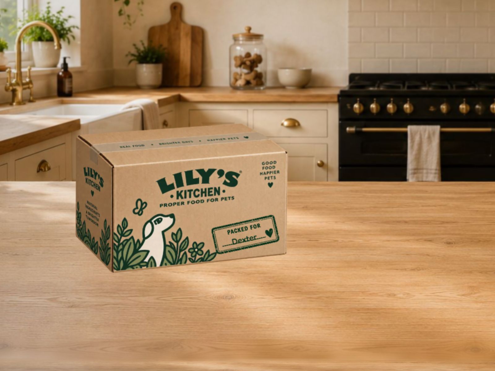 A Lily’s Kitchen delivery box on the counter, stamped Packed for Dexter.
