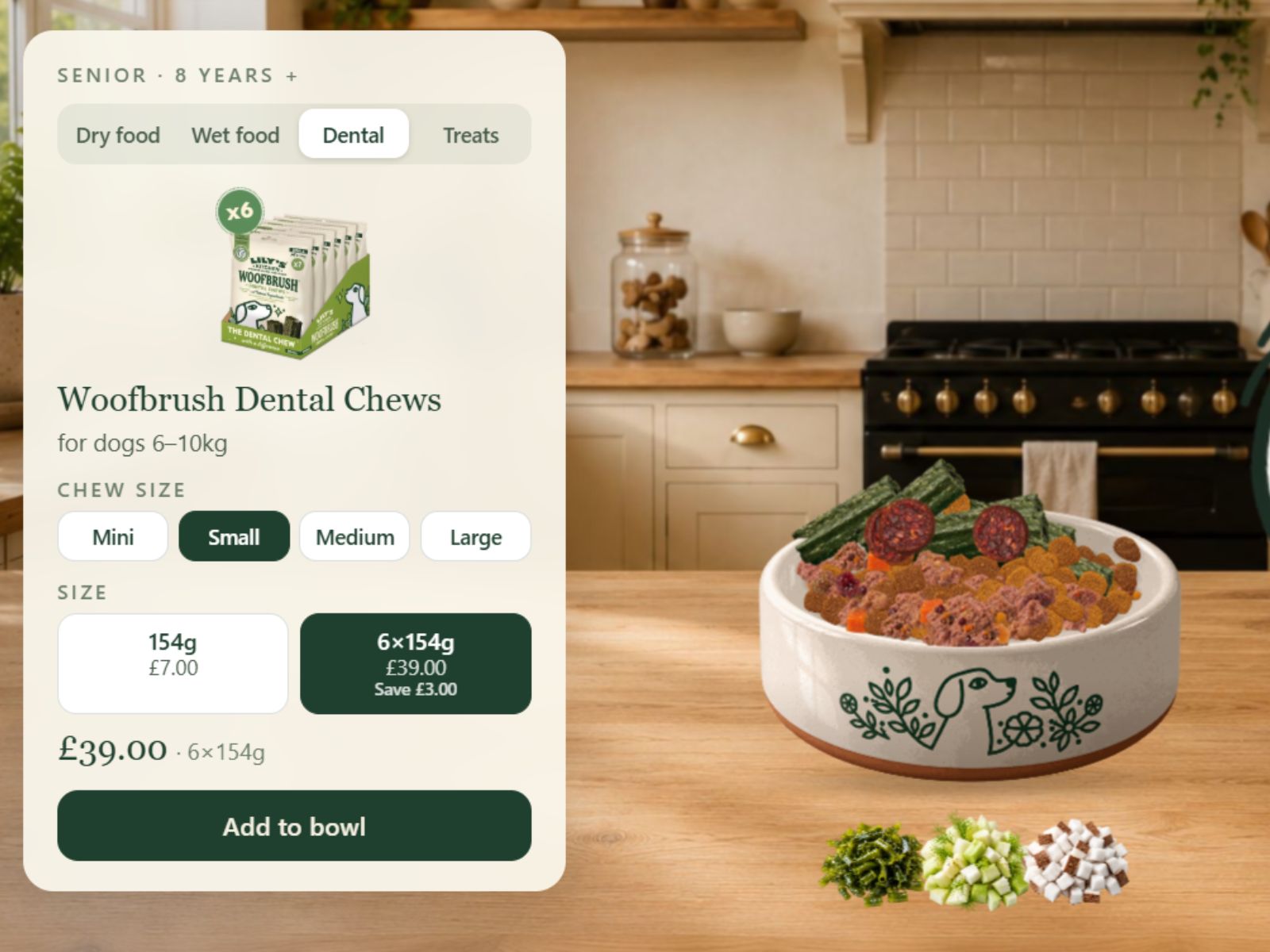 The recipe card showing Woofbrush Dental Chews with chew size and pack size options, beside a bowl of chews and the seaweed, fennel and coconut that go into them.