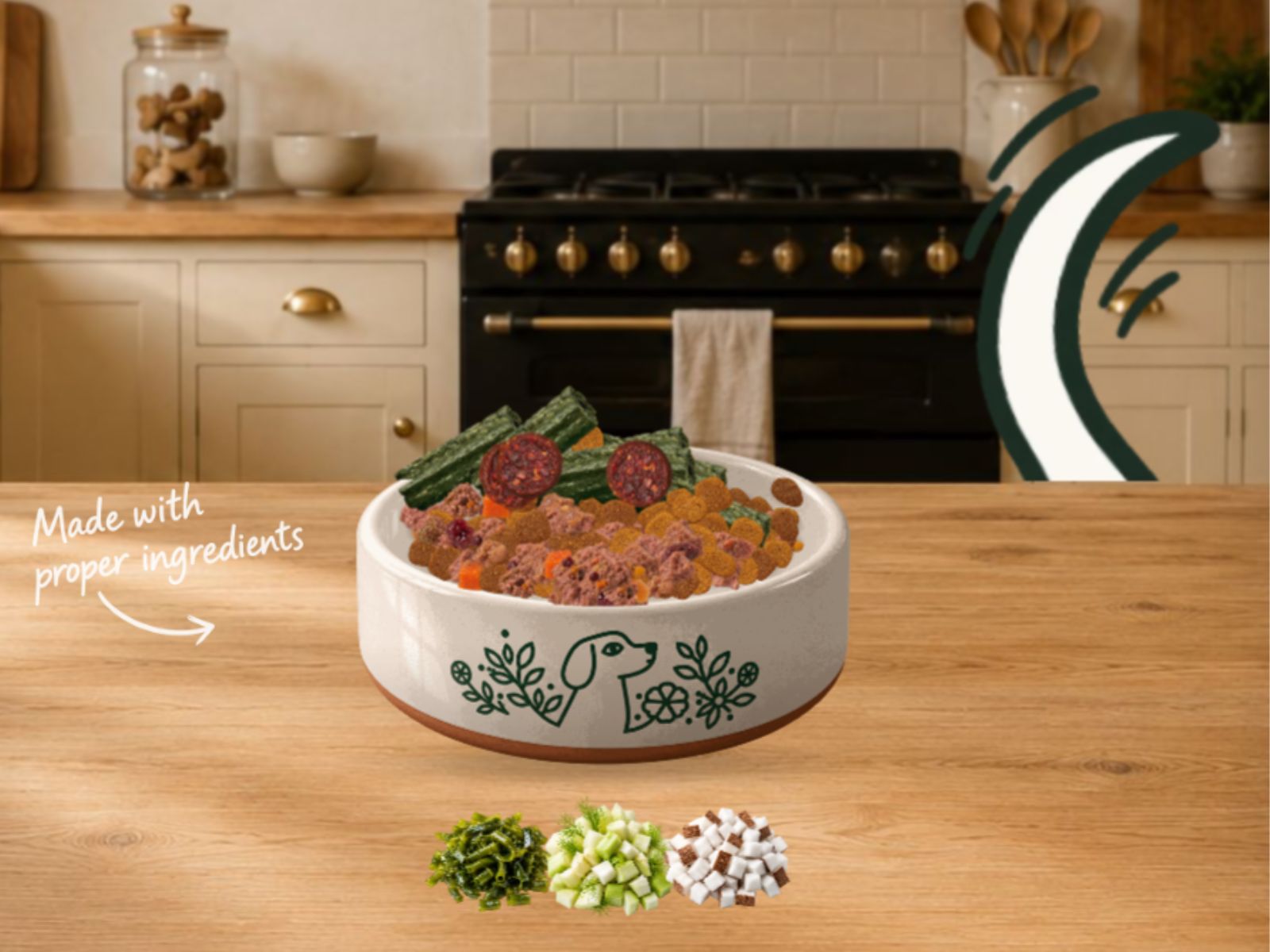The filled bowl on the counter with the dog’s tail wagging behind it.