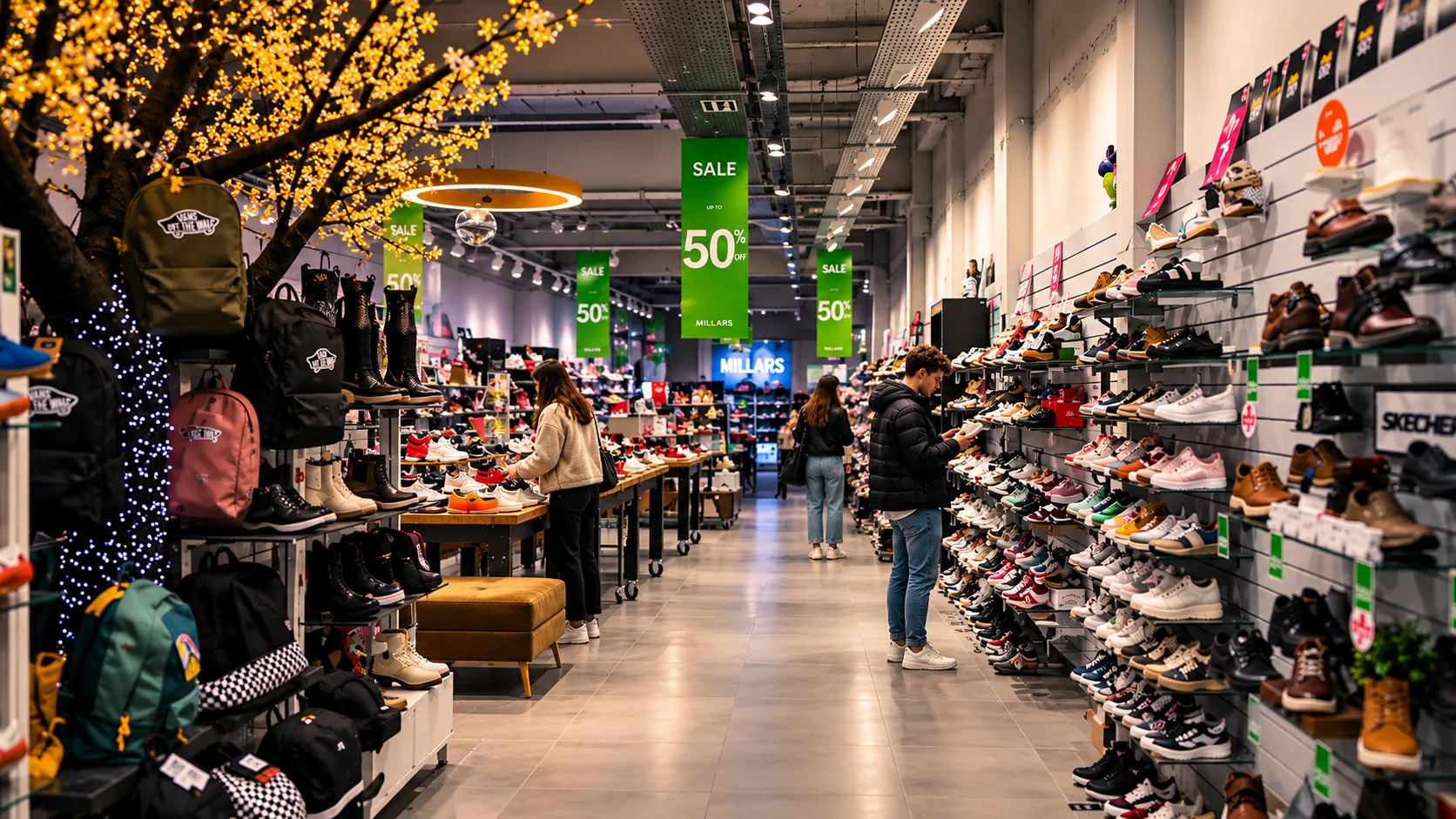 The Millars shop floor, shoes along both walls and customers browsing