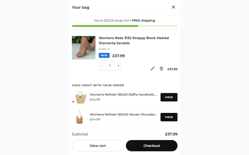 Custom side cart on Millars Shoe Store showing free shipping progress bar and suggested product recommendations