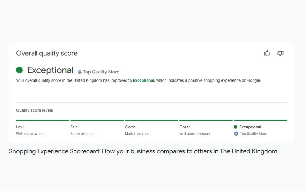 Google Merchant Center overall store quality rated Exceptional