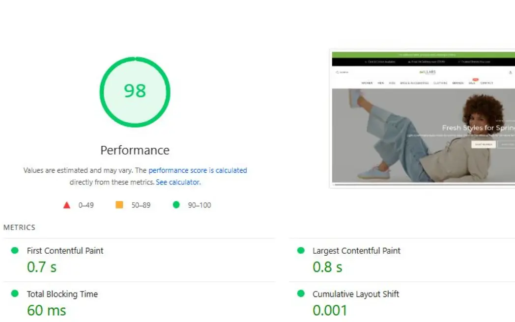 PageSpeed score gauge showing 98